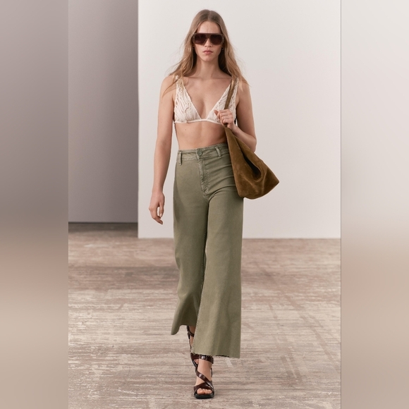 Zara Pants - ZARA The Marine Straight Green Kaki Washed Flare Women Pants High Rose Size 0